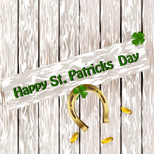 St Patricks Day trèfle avec fer à cheval sur la surface en bois. Illustration vectorielle d'un contexte de la Saint-Patrick . — Image vectorielle