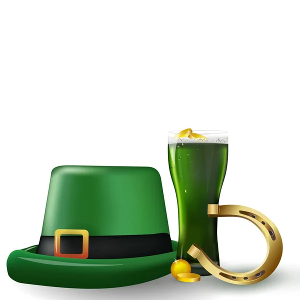 Saint Patrick - un verre de bière verte avec de la mousse, une bouteille verte, un fer à cheval et des pièces d'or sur la table . — Image vectorielle