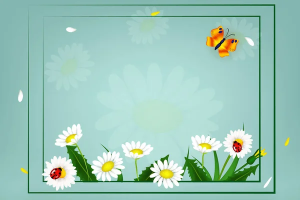 Fundo de primavera fresco com grama, dentes de leão e margaridas. Banner de design com mola é aqui logotipo. Cartão para a primavera. Modelo de design para banner, folhetos, convite, cartaz, brochura . — Vetor de Stock