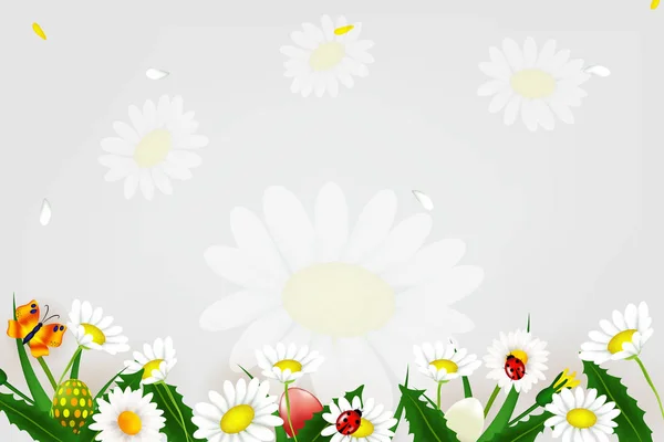 蝶の卵、草、花、幸せなイースター カード。イースターのためのベクトルの背景. — ストックベクタ