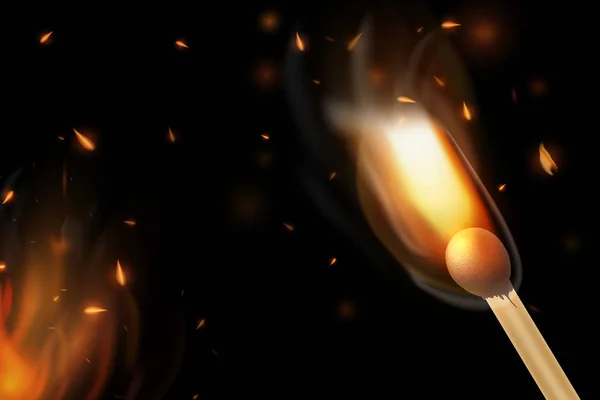 Realistic Burning Match Vector. Línea de imagen realista y colorida llama de fuego bon con humo de reflexión horizontal y chispas sobre fondo negro. Fondo de fuego abstracto . — Vector de stock