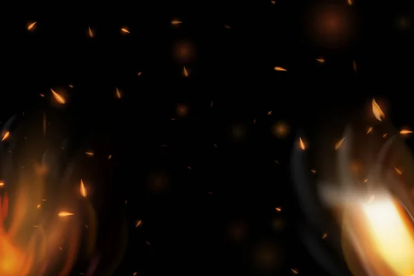 Realistické hořící zápas vektor. Realistické barevné snímky linka bon oheň plamen s horizontální reflexe kouře a jisker na černém pozadí. Požární abstraktní pozadí. — Stockový vektor