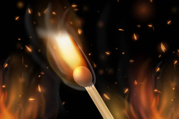 Vettore di fiammiferi realistici. Immagine realistica linea colorata fiamma di fuoco al carbonio con riflesso orizzontale fumo e scintille su sfondo nero. Astratto sfondo fuoco . — Vettoriale Stock