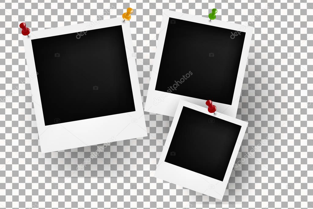 Collection of instant photo isolated on transparent background. Instant retro photo frame with pushpin over transparent background