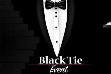 Gerçekçi vektör Illustration siyah takım elbise. Siyah kravat olay davet şablonu.