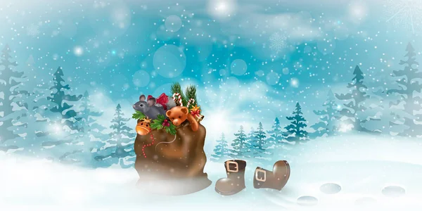 Санта-Клаус красный мешок с подарочными коробками изолированы на снежном фоне . — стоковый вектор