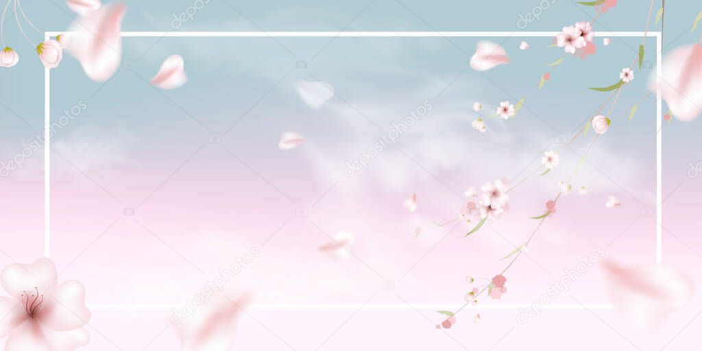 Spring card with sakura, blooming branch and grass on wooden background. 