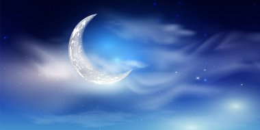 Mavi karanlık gece gökyüzü yarım ay, bulutlar ve yıldızlarla.