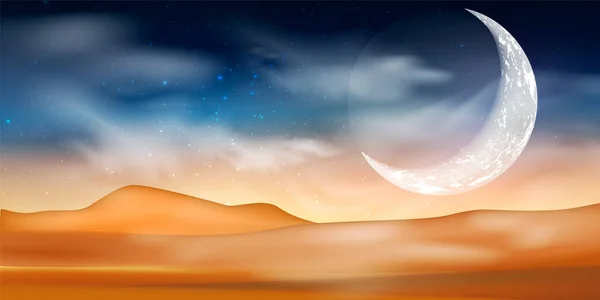 Bleu sombre Fond du ciel nocturne avec demi-lune, nuages et étoiles. — Image vectorielle