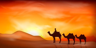 Meksika çölünde gün batımı. Taştan siluetler, develi, kaktüslü ve bitkili insanlar. Rocky Çölü. 