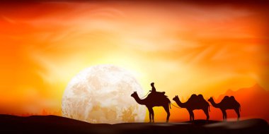 Meksika çölünde gün batımı. Taştan siluetler, develi, kaktüslü ve bitkili insanlar. Rocky Çölü. 