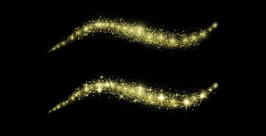 Konfeti ışıltılı bir dalga. Vektör altın parıldayan kuyruklu yıldız. Noel ışığı etkisi. Siyah üzerine parlak altın sihirli ışık. Parlayan altın tozu, ışıltılı bir efekt. Parlak yol