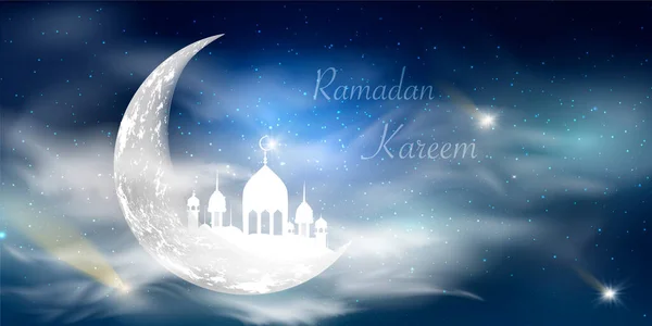 Ramadan Kareem background. Mês Santo da Religião. Caligrafia. Lua clara. Nuvens . — Vetor de Stock