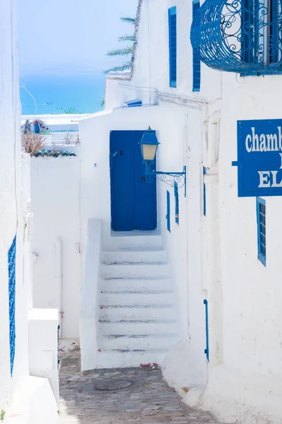 Hot sunny summer day in a blue-and-white Sidi Bou Said city