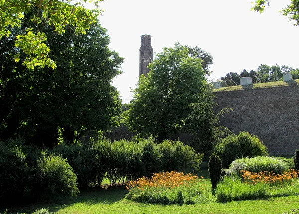 Eski kale taşından bir tuğlanın içinde. Belgrad Kalemegdan kalesindeki yeşil çimen parkı