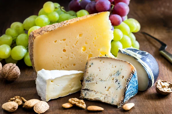 식욕을 돋 우는 치즈 다양 한 견과류와 포도. — 스톡 사진