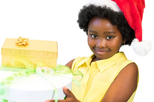 Flickan håller jul lådor — Stockfoto