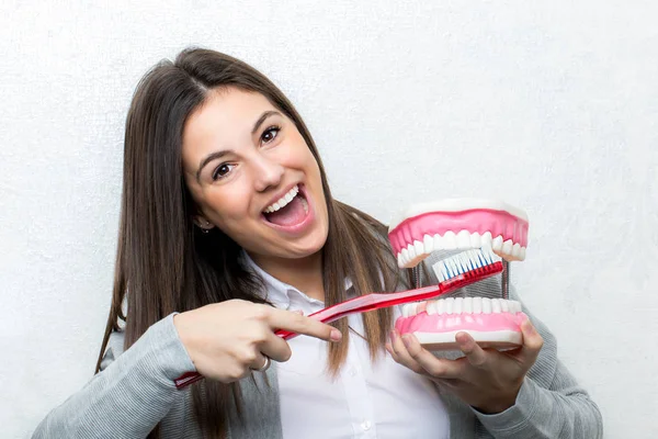 Menina segurando escova de dentes e prótese de dentes . — Fotografia de Stock