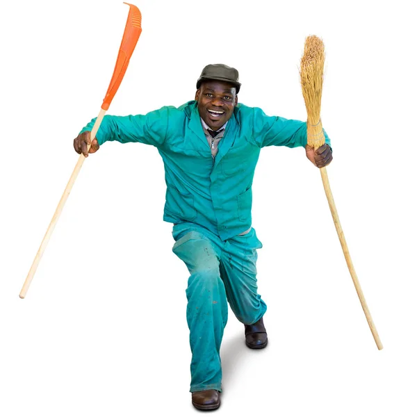 Dancing garden worker in green overall — Stock Photo, Image