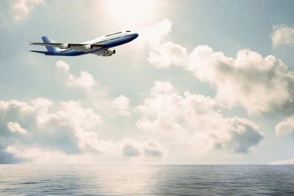 Vista Lateral Airbus Jumbo Comercial Voando Sobre Água Avião Azul — Fotografia de Stock