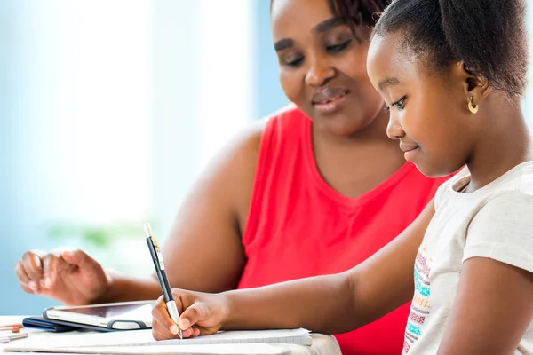 Close Portrait Little African Girl Doing Home Work Teacher Giving — Stock Photo, Image