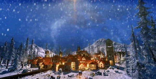 3d render of snow scene of small mountain village at dawn.
