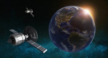 Dünya 'nın yörüngesindeki uyduların 3 boyutlu çizimi. Amerika kıtasında şehir ışıkları olan siber uzay. Nasa tarafından sağlanan dünya ve evren görüntüleri.