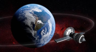 Uydu uzay gemisinin kırmızımsı kozmos arka planıyla Dünya 'nın yörüngesindeki 3D görüntüsü. Nasa tarafından sağlanan dünya ve evren görüntüleri.