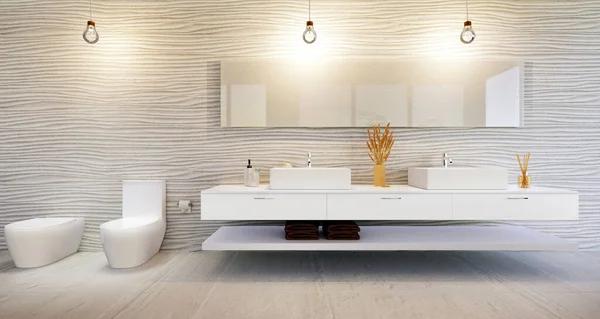 Renderização Mobiliário Elegante Banheiro Alta Chave Contra Azulejo Parede Duna — Fotografia de Stock