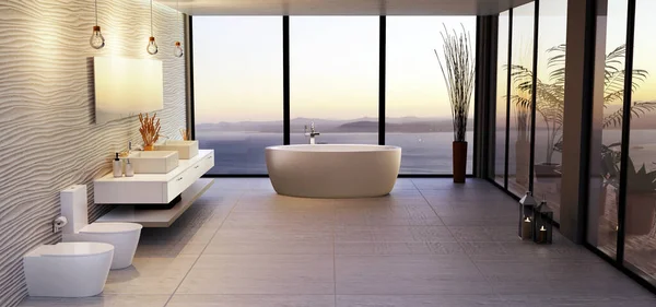 Illustrazione Elegante Bagno Alto Chiave Con Vista Mare Vasca Bagno — Foto Stock