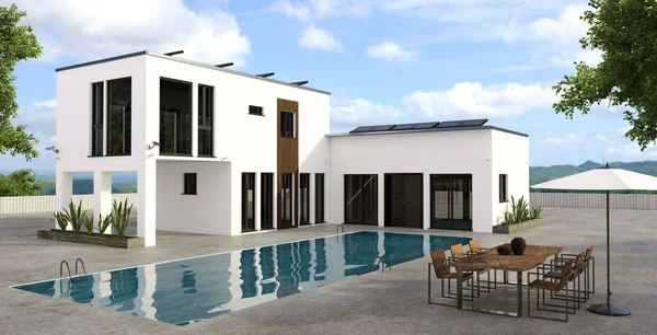 Illustratie Van Moderne Luxe Huis Met Groot Rechthoekig Zwembad Eigendom — Stockfoto