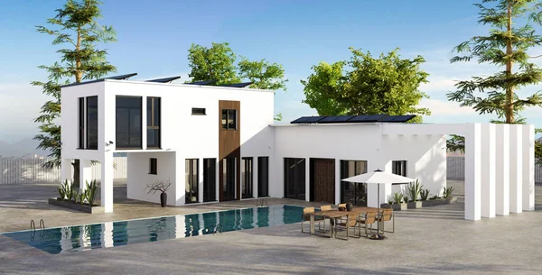 Weergave Van Moderne Luxe Huis Met Groot Rechthoekig Zwembad Eigendom — Stockfoto