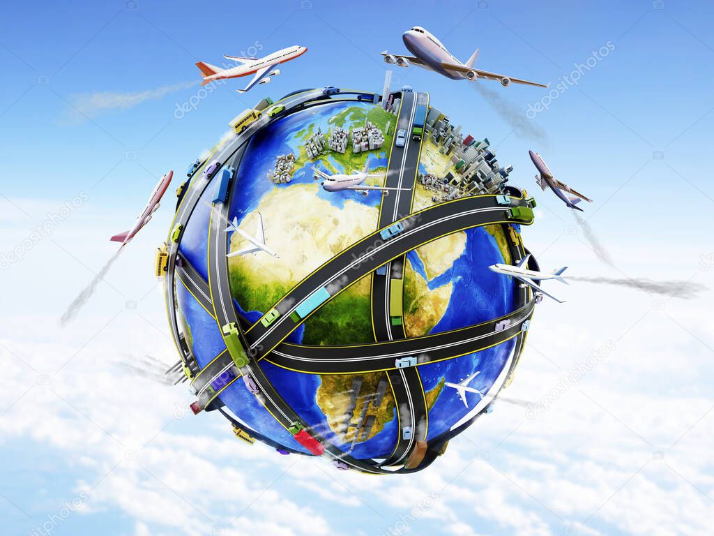 Conceptual 3D render of environment contamination on mother earth. Tar roads with busses, cars and trucks surrounding the globe. Airplanes flying around. Earth image provided by NASA.