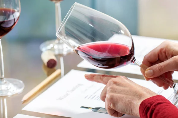 Close Detail Sommelier Evaluating Red Wine Density Body Table — Stock Photo, Image