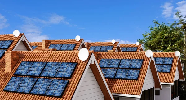 Techos Varias Casas Adosadas Con Paneles Solares Fotovoltaicos Para Crear — Foto de Stock