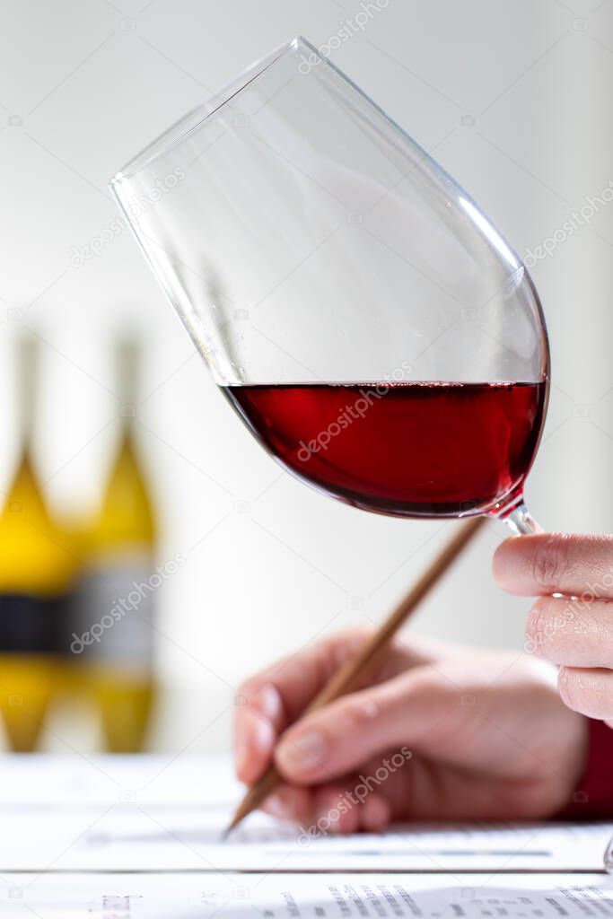 Close up vertical shot of enologist evaluating red wine body and color at table.