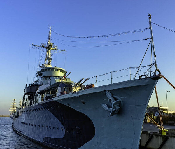 Polish warship - museum ORP Blyskawica (Lightning) - grom-class destroyer which served in the Polish Navy during World War II -  Gdynia, Tricity, Pomerania, Poland on 20 December 2019