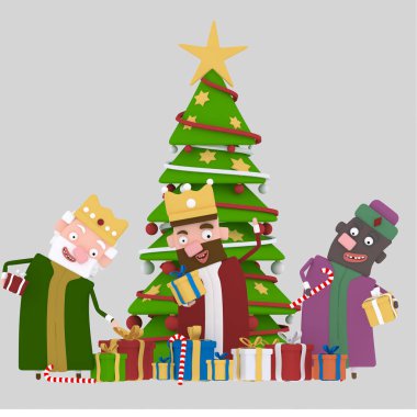 Üç sihirli krallar ve Noel tree.3d illüstrasyon.