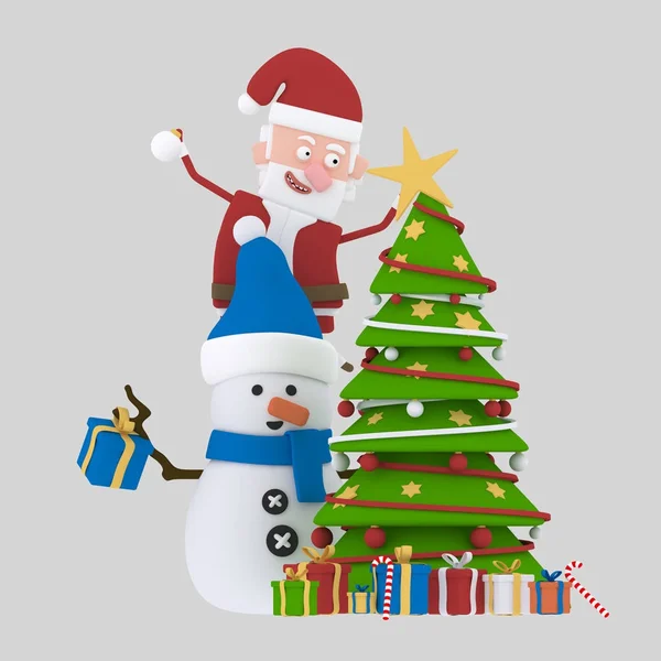 Santa and Snowman decorating Xmas tree.3d illustration.