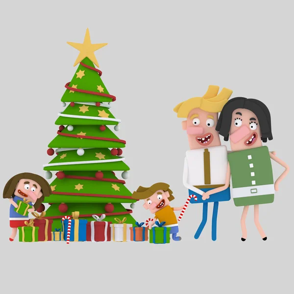 Familj öppna julklappar... 3D illustration. — Stockfoto