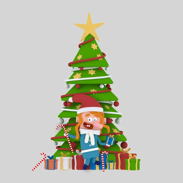 Niña posando con árbol de navidad. Ilustración 3d . —  Fotos de Stock