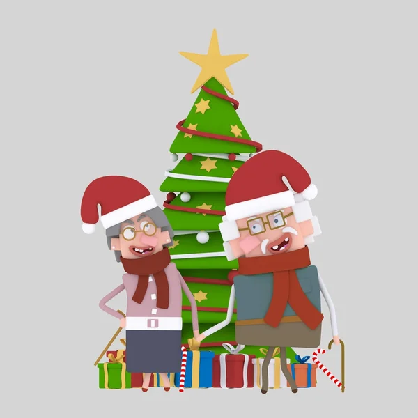 在圣诞树前的一对老夫妇 3 d 插图 — 图库照片