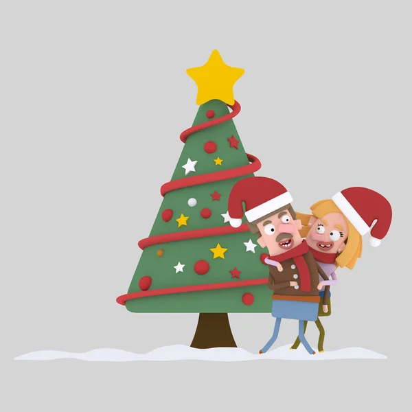 Pareja delante del árbol de Navidad. Ilustración 3d —  Fotos de Stock