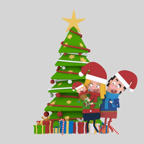 Familjen framför Xmas Tree.3d illustration — Stockfoto