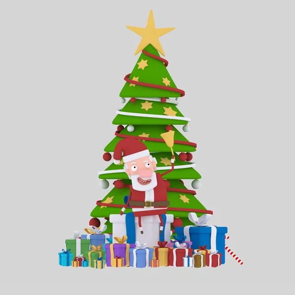 Santa posando delante en gran árbol de Navidad. Ilustración 3d — Foto de Stock