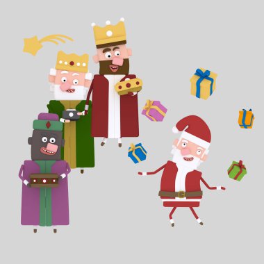 Üç sihirli Kral Santa.3D illüstrasyon ile oynamak.