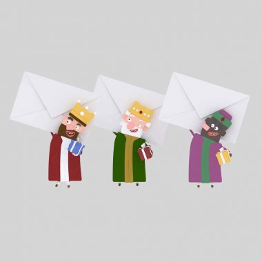 Üç sihirli kralı büyük letters.3d illüstrasyon holding.