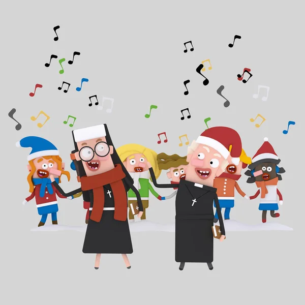 Monja y sacerdote cantando canciones de Navidad con niños.. 3d ilustración —  Fotos de Stock