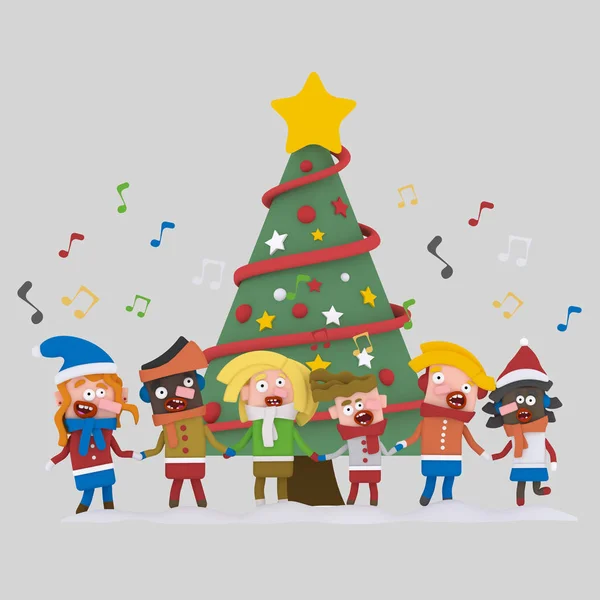 Niños cantando canciones de Navidad. Ilustración 3d —  Fotos de Stock