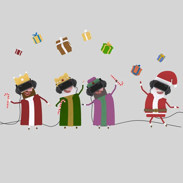 Magic królów i Santa Claus palying wirtualnej rzeczywistości game.3d ilustracji. — Zdjęcie stockowe